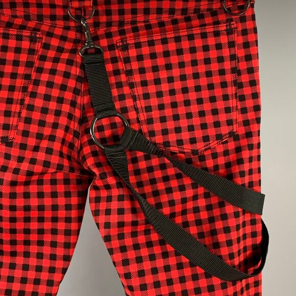 Size M Red Black Cotton Blend Checkered Straps Zip Fly Bondage Casual Pants - Picture 4 of 7